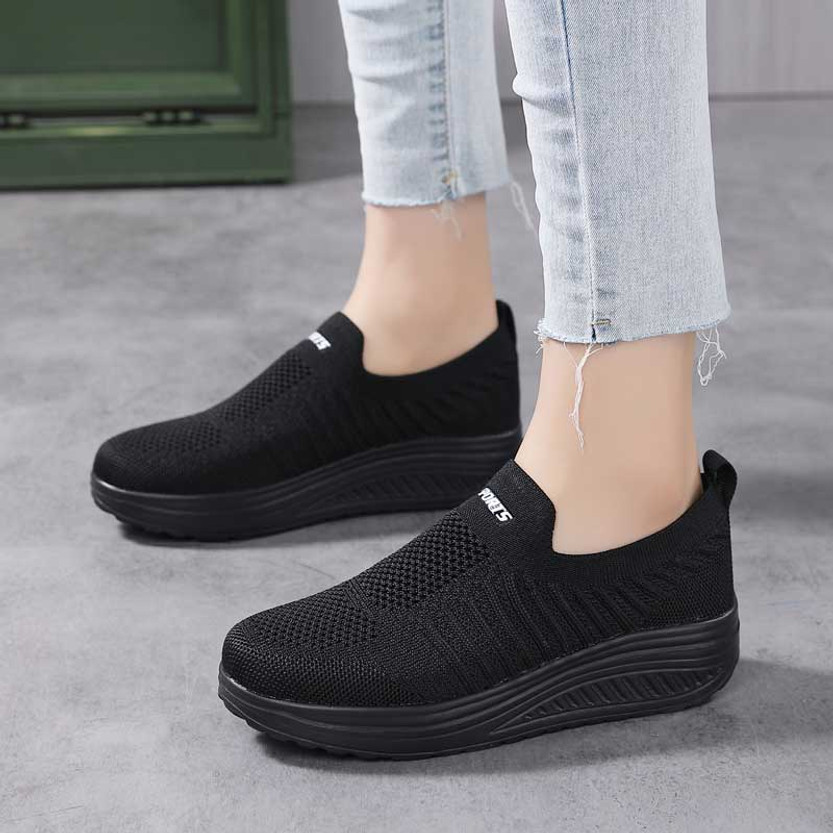 Black flyknit stripe sport print slip on rocker bottom shoe sneaker ...