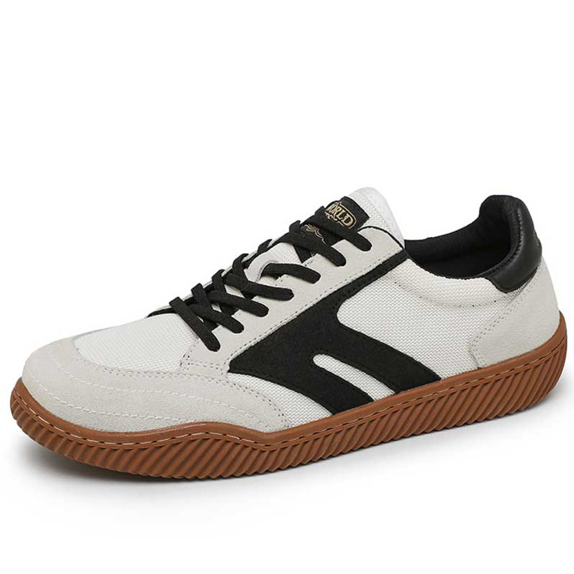Men's beige stripe & logo label pattern casual shoe sneaker 01