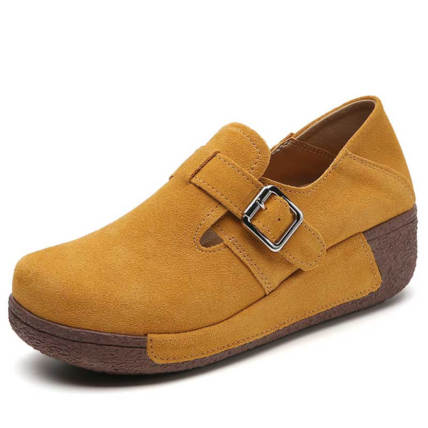 Women;s yellow suede buckle strap slip on rocker bottom shoe 01