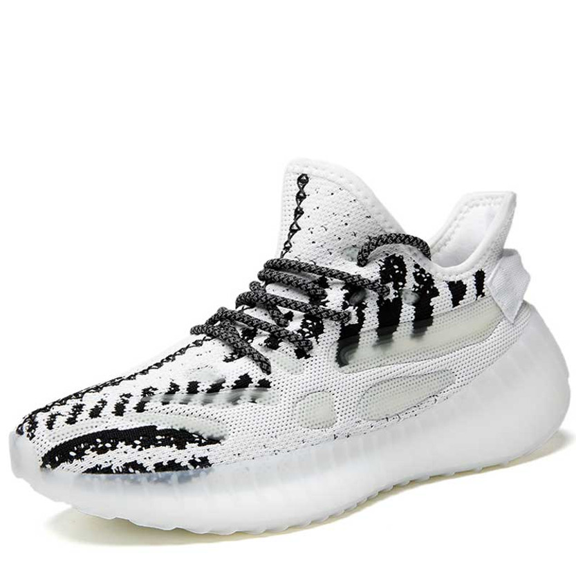 Men's white black flyknit pattern & stripe luminous accents sport shoe sneaker 01
