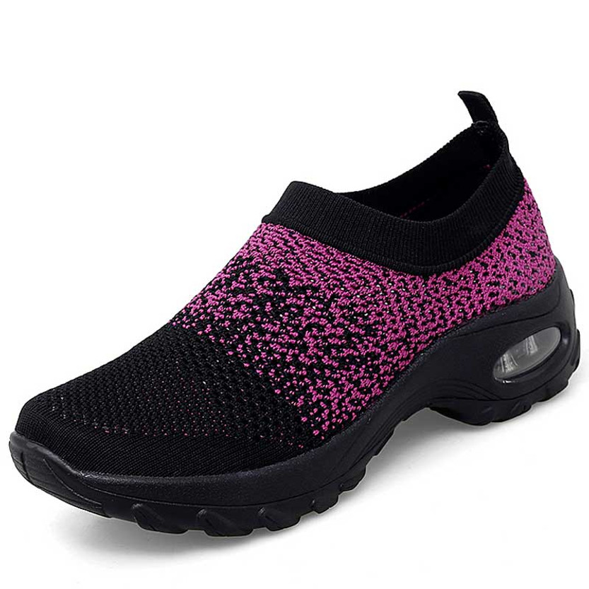 Women's black purple flyknit hollow slip on double rocker bottom sneaker 01