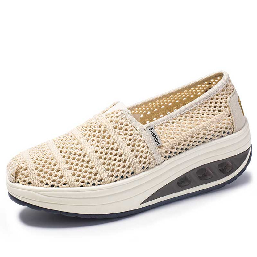 Women's beige yellow flyknit hollow out stripe slip on rocker bottom shoe 01