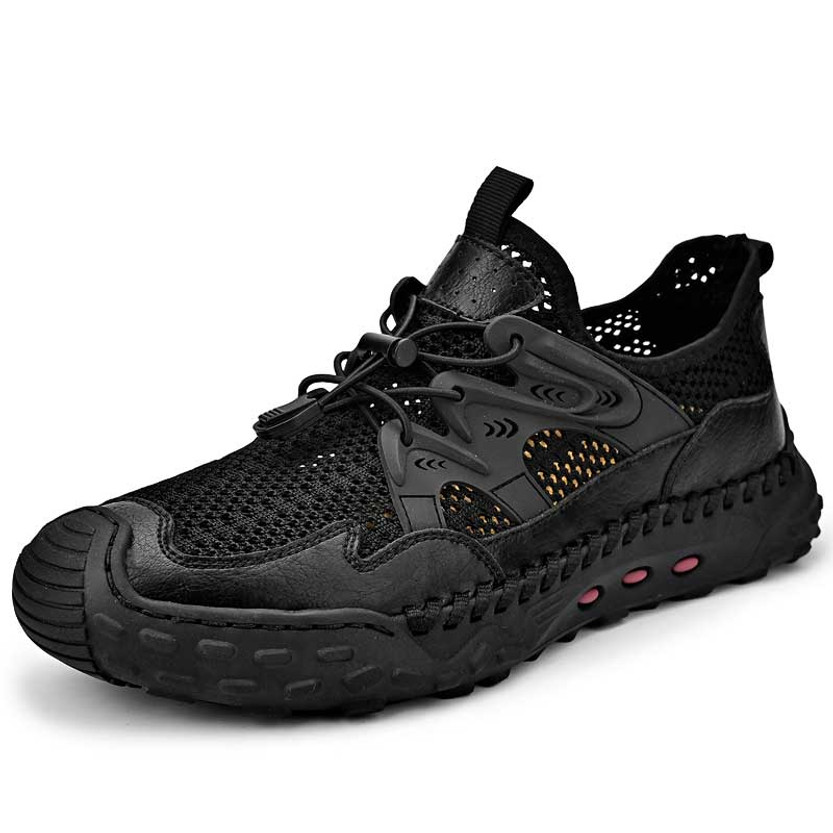 Men's black hollow out rubber patch drawstring lace shoe sneaker 01