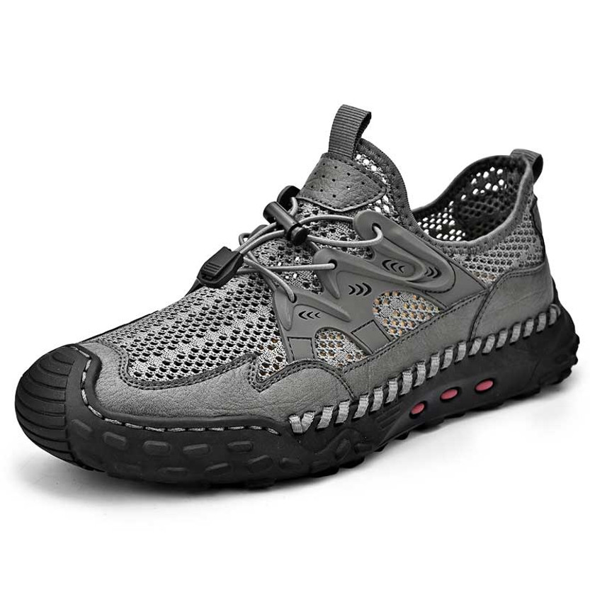 Men's grey hollow out rubber patch drawstring lace shoe sneaker 01