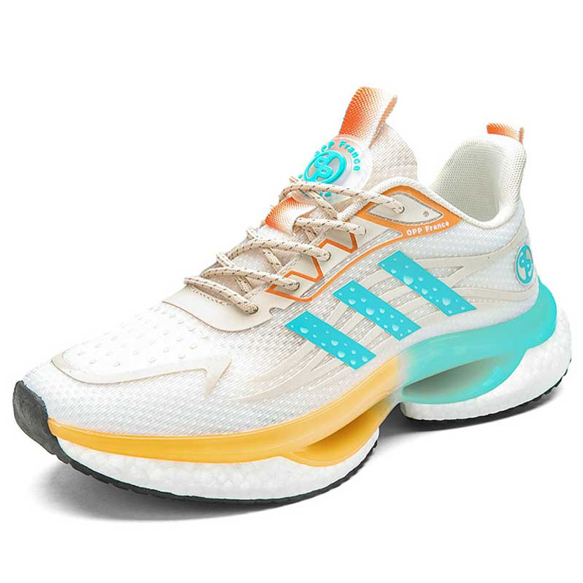 Men's beige orange flyknit stripe & logo pattern sport shoe sneaker 01