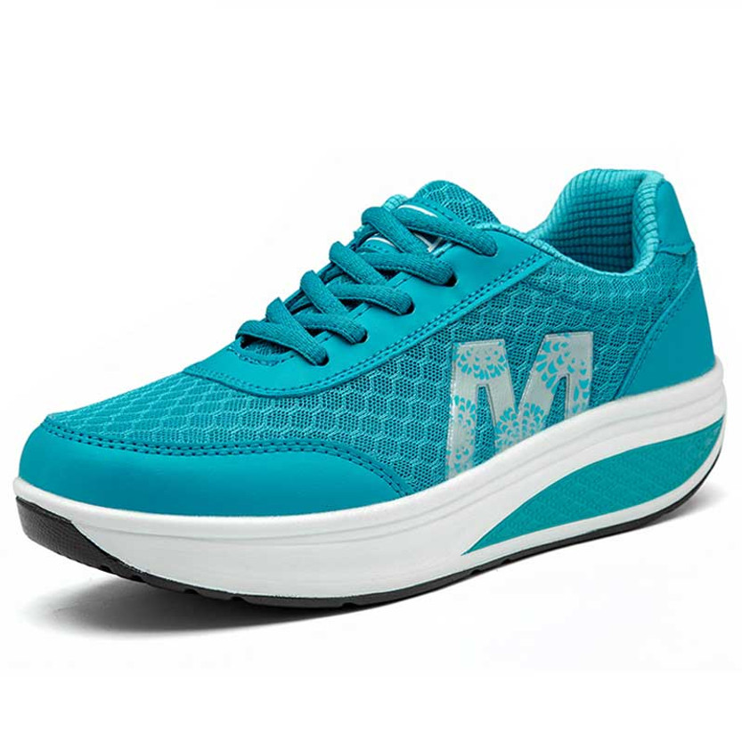 Women's blue floral pattern lace up rocker bottom shoe sneaker 01