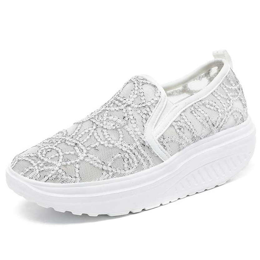 Women's white mesh texture accents slip on rocker bottom shoe 01