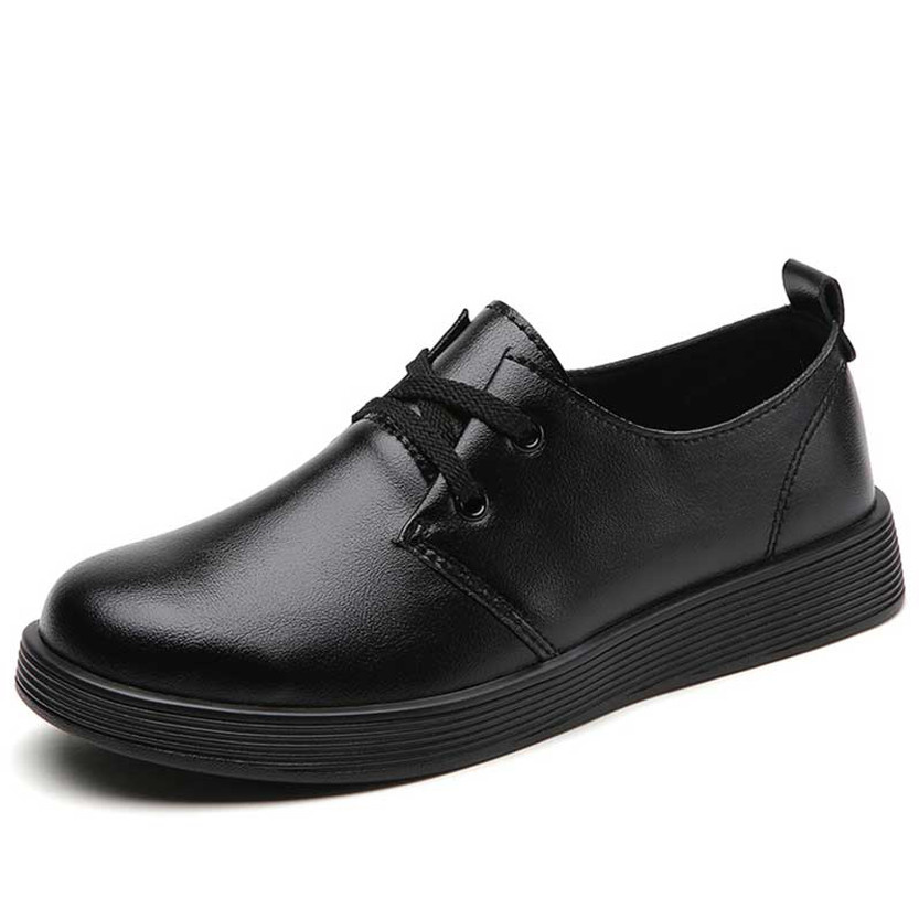 Women's black casual plain round toe lace up shoe 01