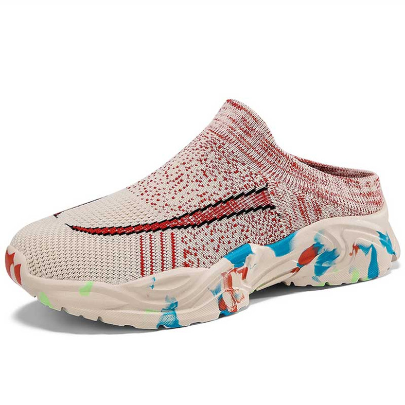 Women's beige red flyknit stripe texture slip on shoe mule sneaker 01
