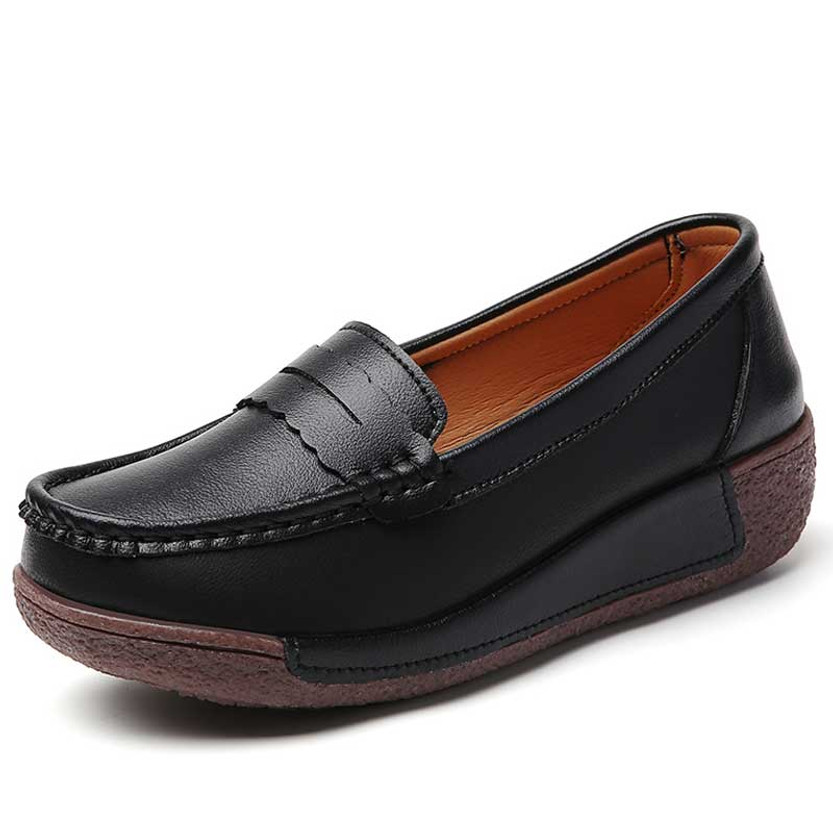 Women's black penny strap slip on rocker bottom shoe 01