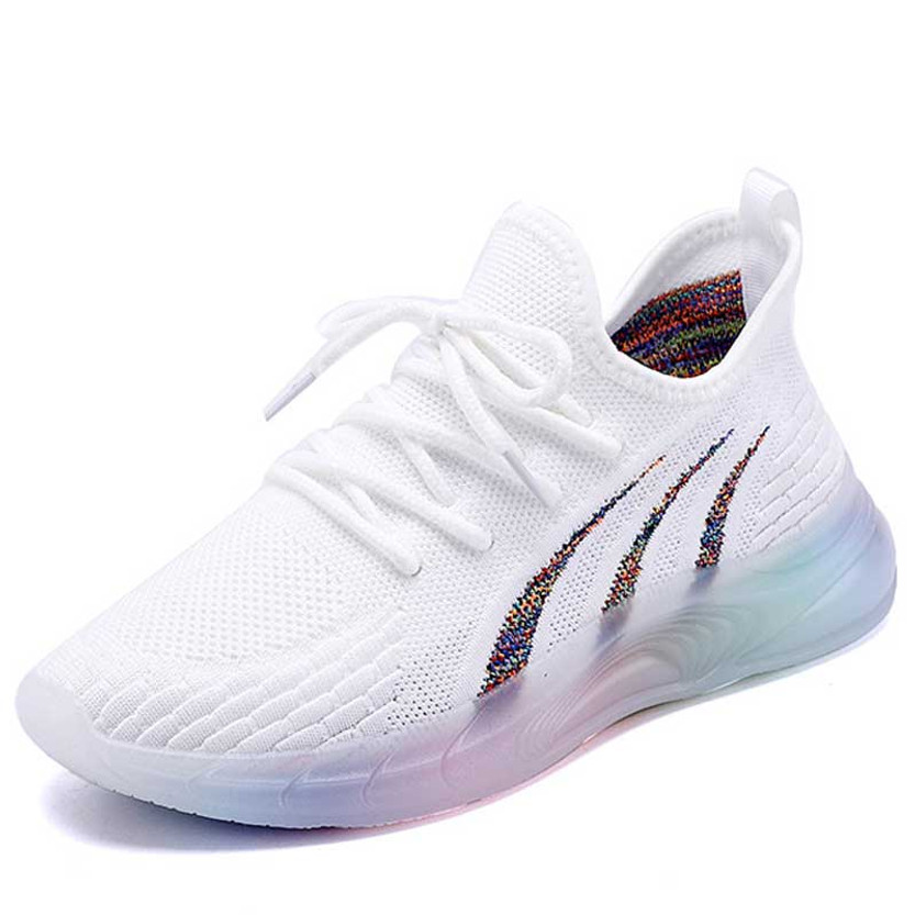 Women's white flyknit stripe pattern sport shoe sneaker 01