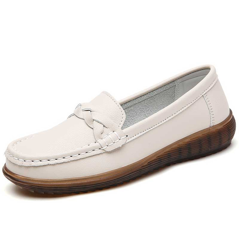 Women's beige stitch accents twist strap slip on shoe loafer 01