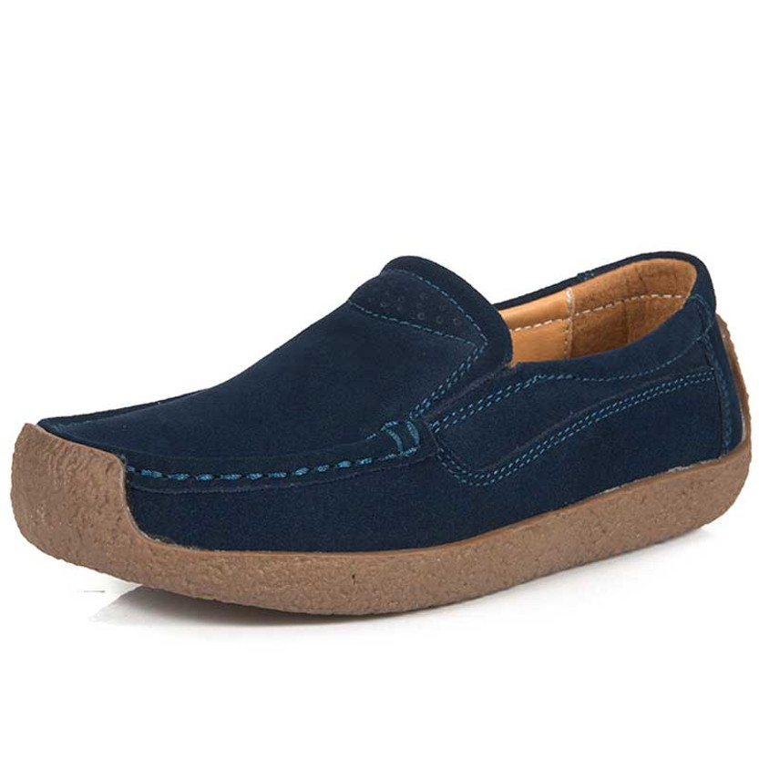 Women's navy plain stitch accents casual suede slip on shoe loafer 01