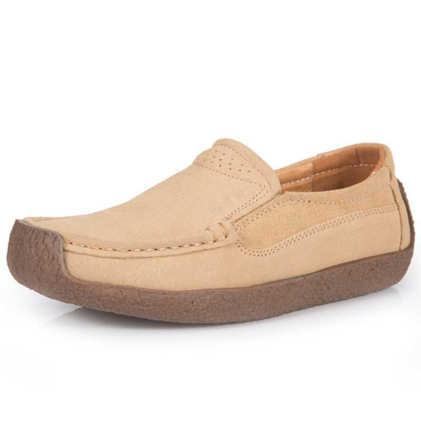 Women's khaki plain stitch accents casual suede slip on shoe loafer 01
