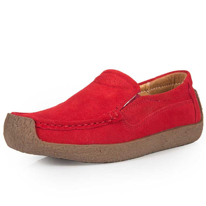 Women's red plain stitch accents casual suede slip on shoe loafer 01