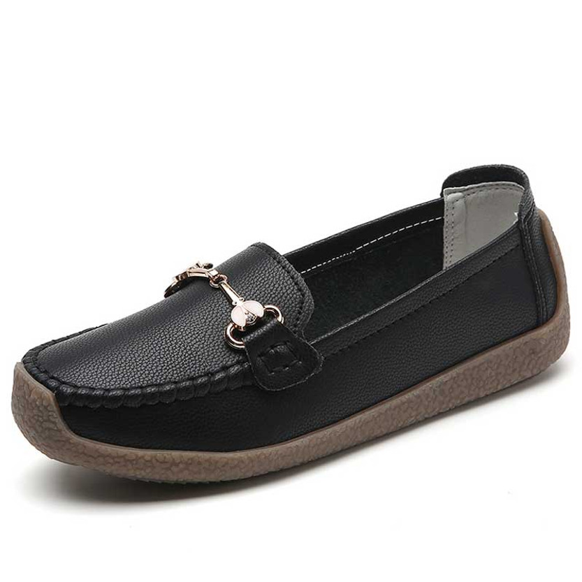 Women's black metal buckle sewn accents slip on shoe loafer 01