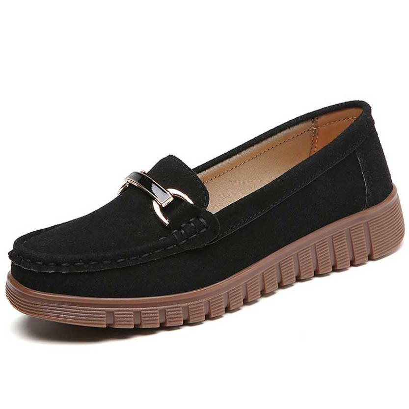 Women's black casual metal buckle suede slip on shoe loafer 01