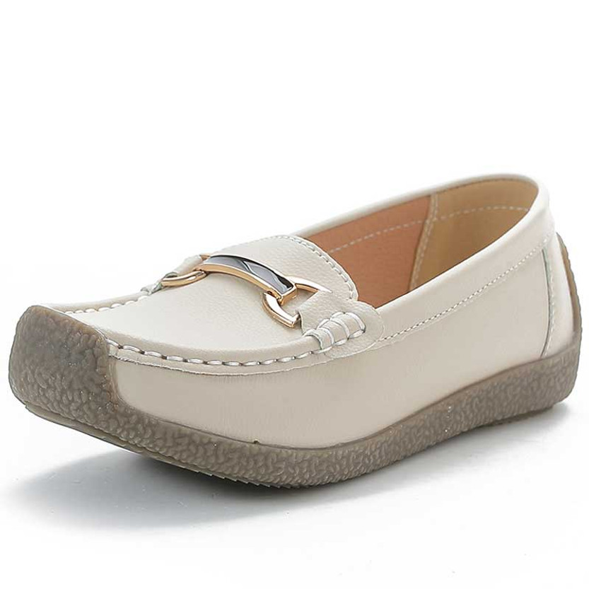 Women's beige casual metal buckle sewn accents slip on shoe loafer 01