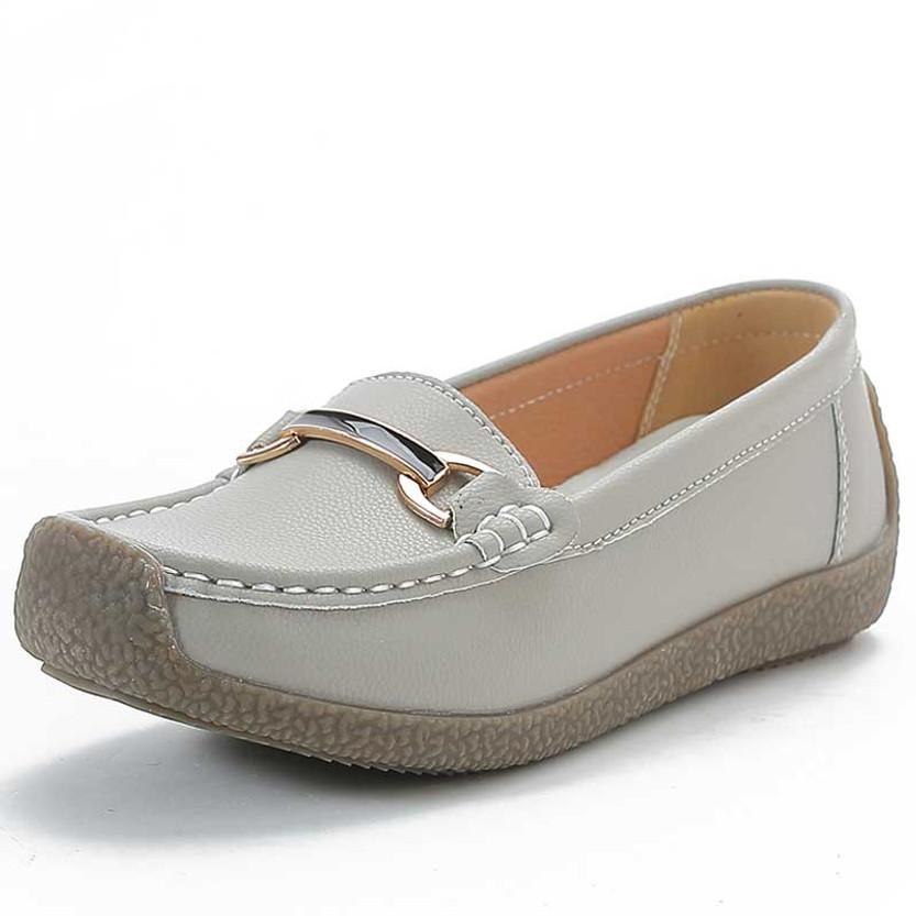 Women's grey casual metal buckle sewn accents slip on shoe loafer 01