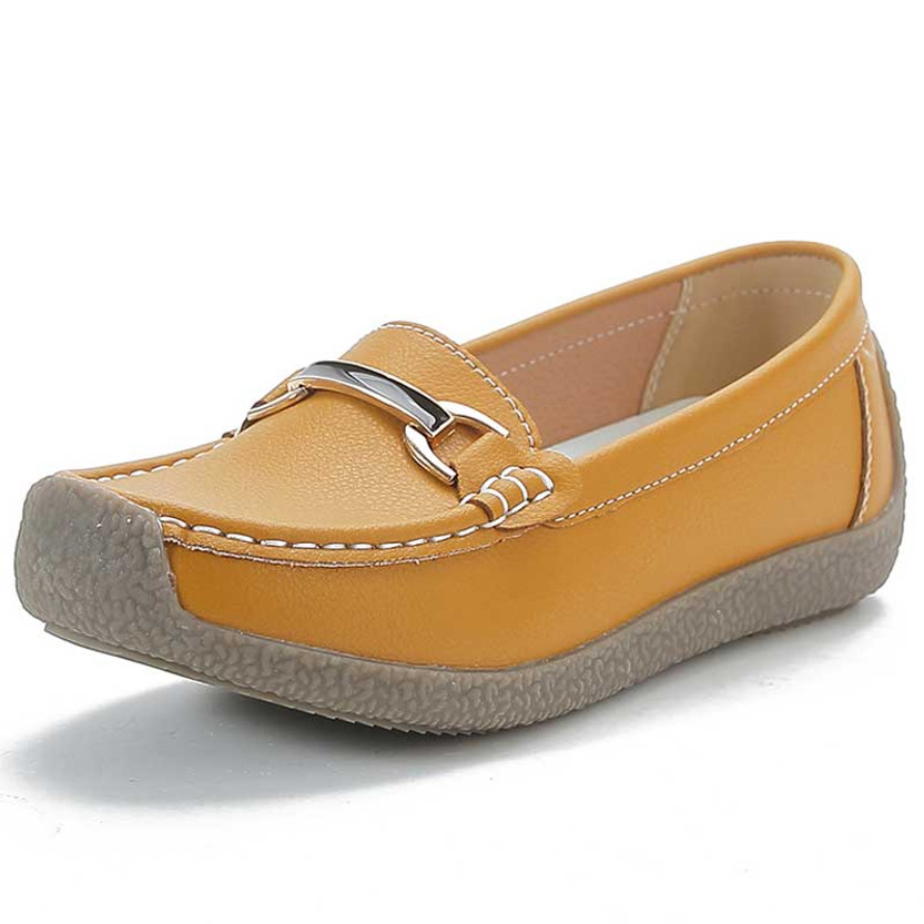 Women's yellow casual metal buckle sewn accents slip on shoe loafer 01
