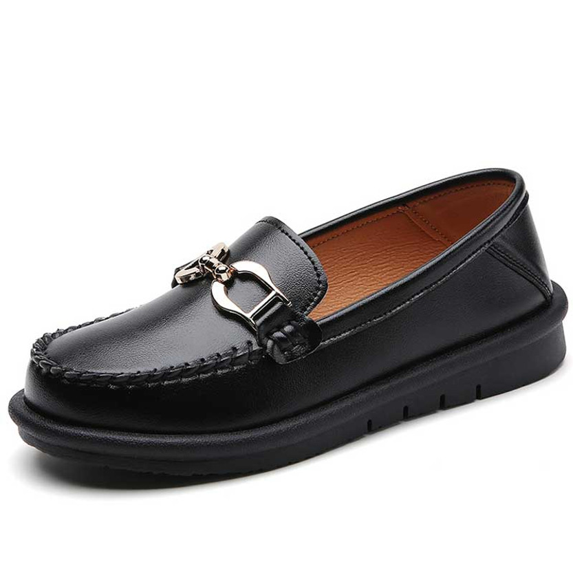 Women' black casual metal buckle sewn accents slip on shoe loafer 01