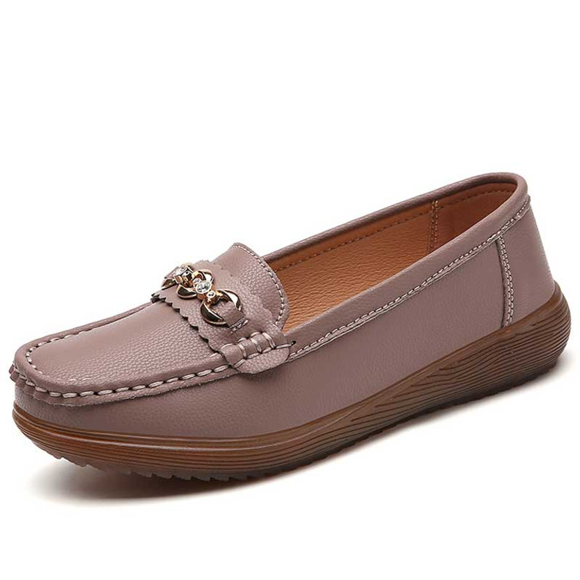 Women's brown ornament buckle sewn accents penny slip on shoe loafer 01