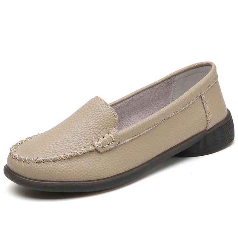 Women's khaki plain sewn accents slip on shoe loafer 01