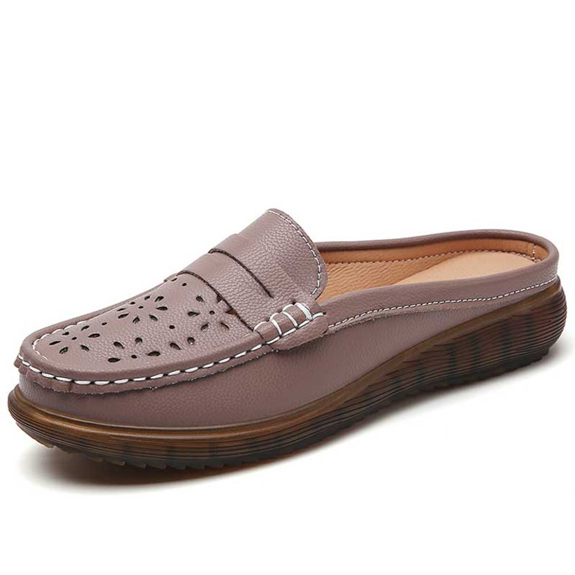 Women's brown casual hollow floral penny slip on shoe mule 01