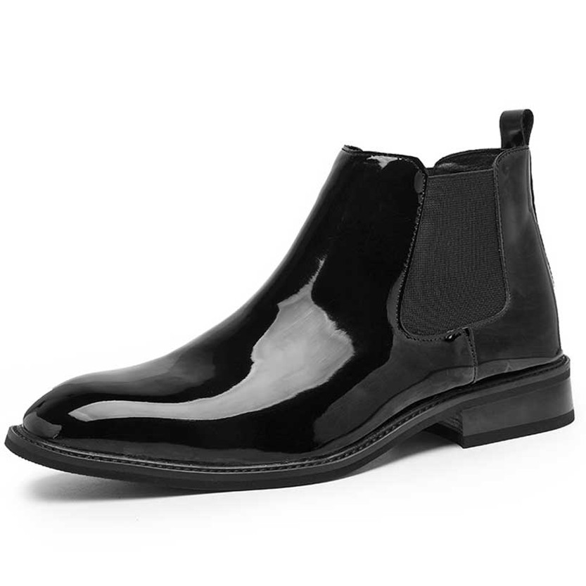 Men's black plain patent leather slip on shoe boot 01