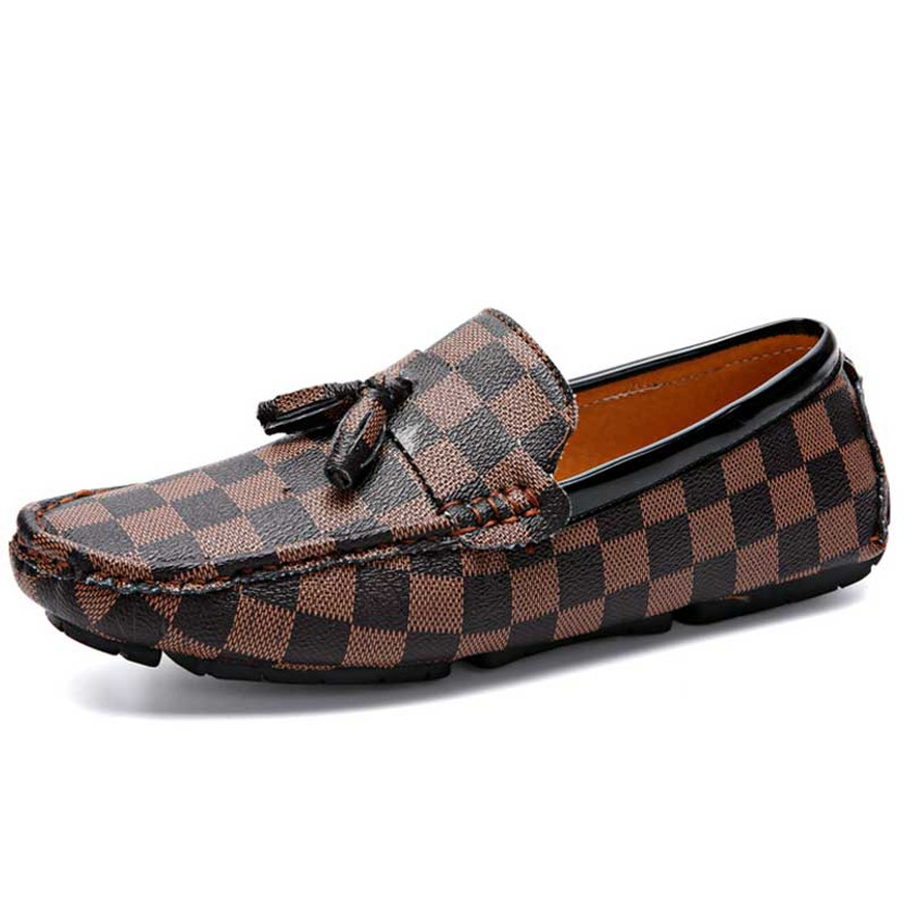 Men's brown check pattern tassel on top slip on shoe loafer 01