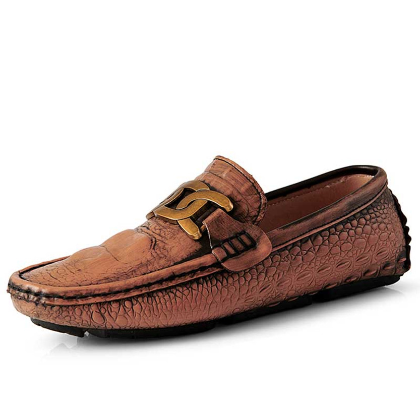 Men's brown retro croc skin pattern metal buckle slip on shoe loafer 01