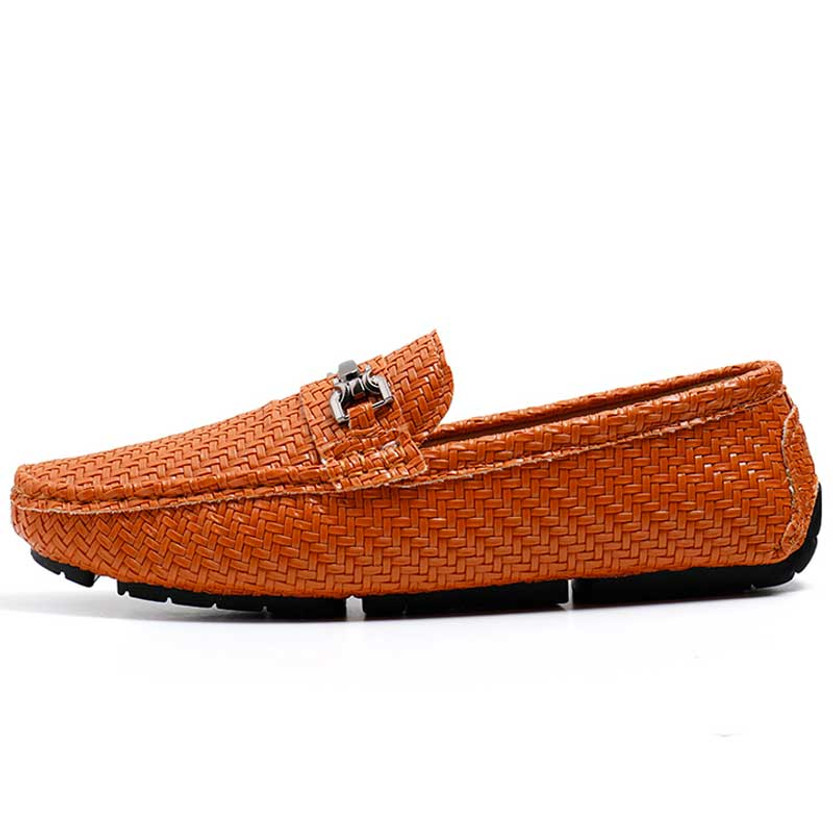 Men's brown weave pattern metal buckle slip on shoe loafer 01