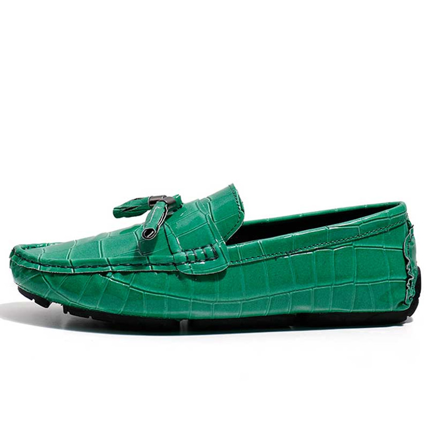 Men's green croc skin pattern tassel slip on shoe loafer 01