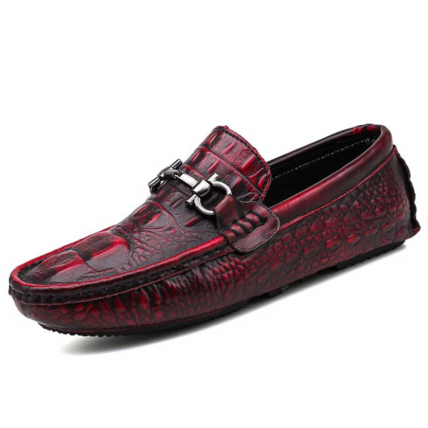 Men's red retro croc skin pattern metal buckle slip on shoe loafer 01