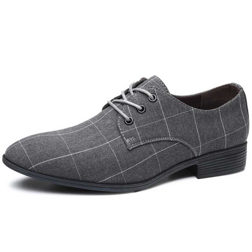 Men's grey check pattern point toe linen derby dress shoe 01