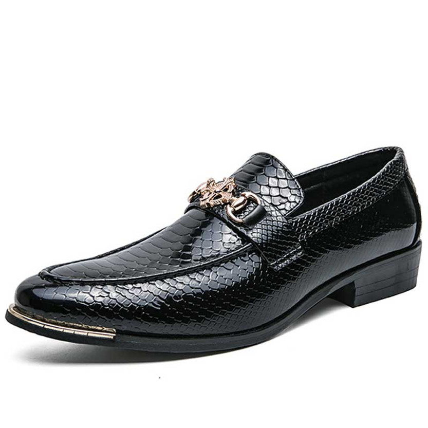 Men's black snake skin pattern metal buckle slip on dress shoe 01