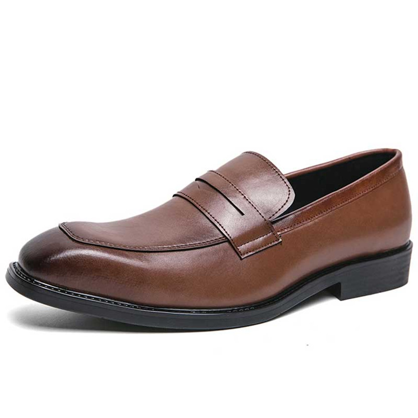 Men's brown retro accents penny strap slip on dress shoe 01