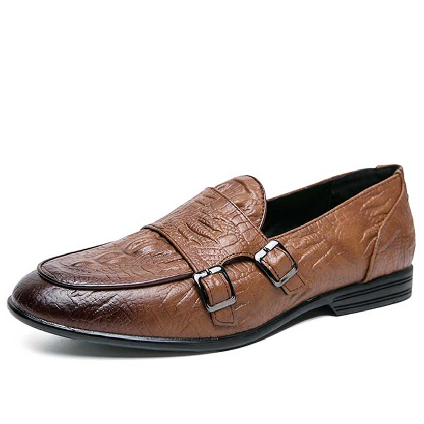 Men's brown retro croc pattern double monk slip on dress shoe 01