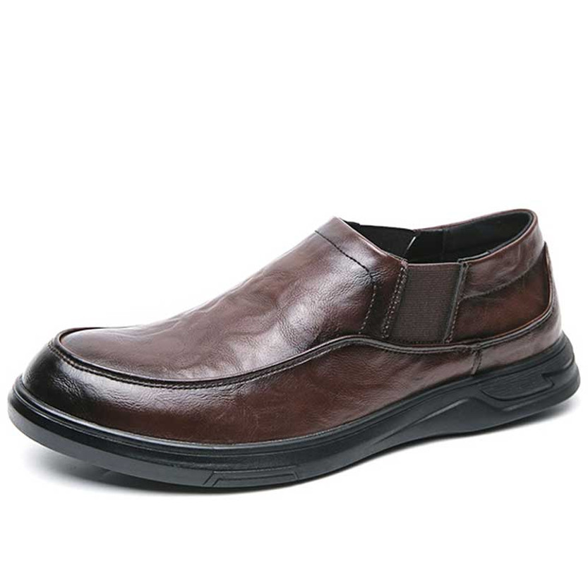 Men's brown retro plain stretch entry slip on dress shoe 01