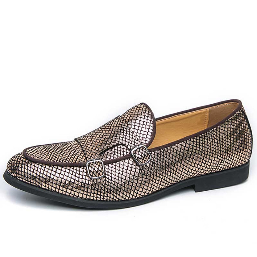 Men's golden retro pattern monk strap slip on dress shoe 01
