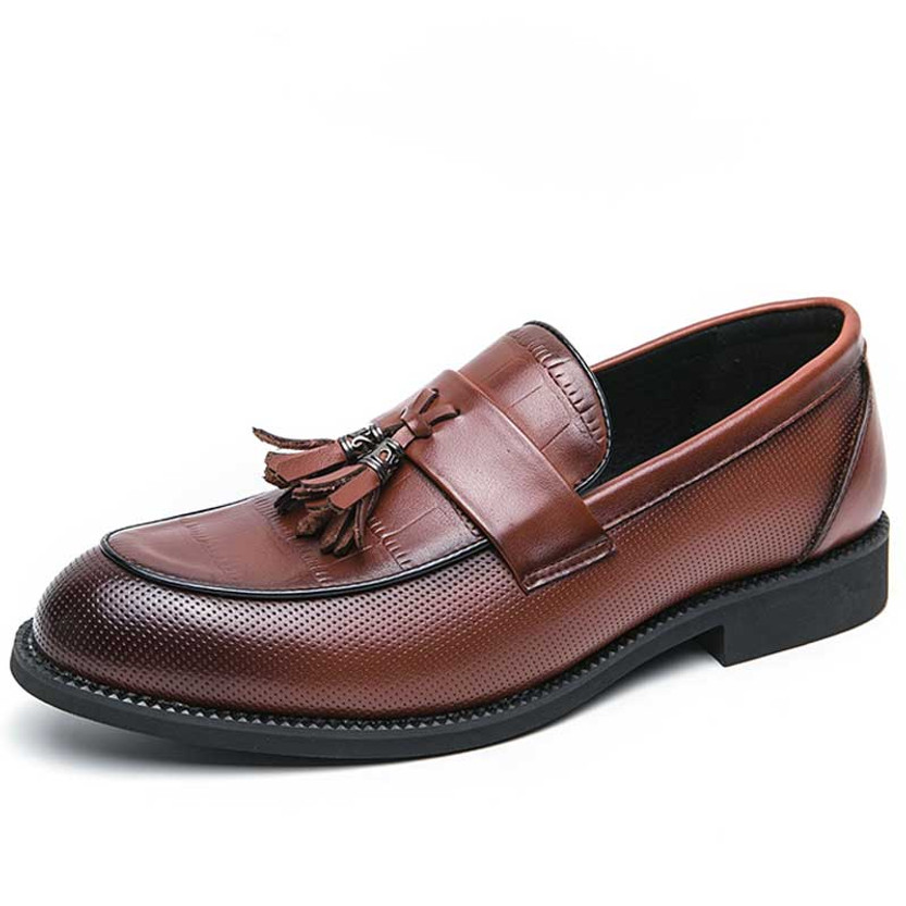 Men's brown retro pattern top tassel penny slip on dress shoe 01