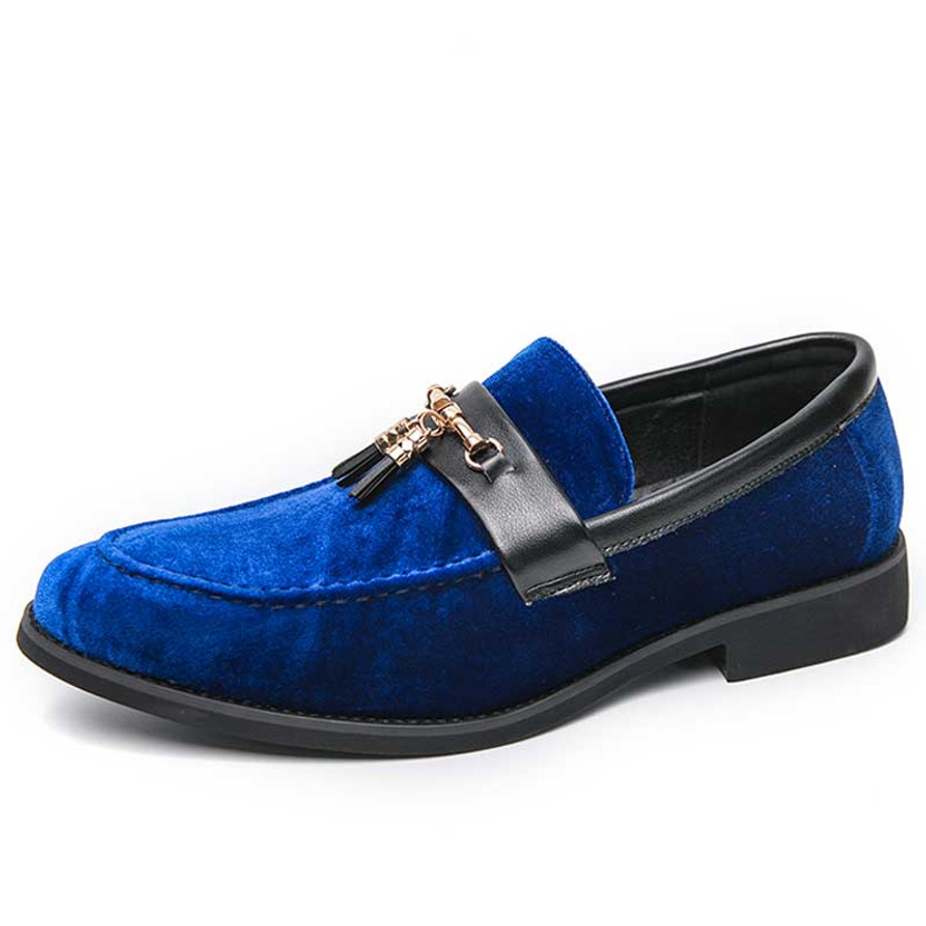 Men's blue tassel on top penny slip on dress shoe 01