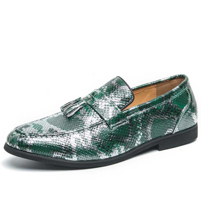 Men's green snake skin pattern tassel on top slip on dress shoe 01