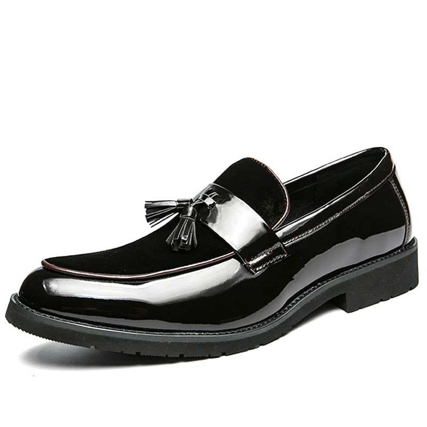 Men's brown patent tassel on top penny slip on dress shoe 01