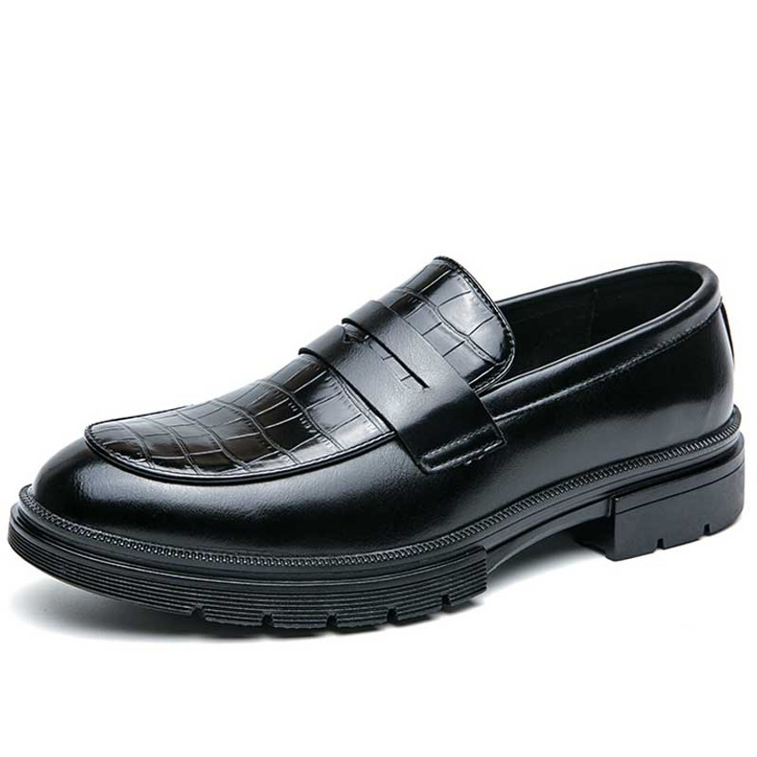 Men's black croc skin pattern penny slip on dress shoe 01