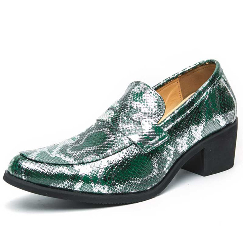 Men's green retro snake skin pattern penny slip on dress shoe 01