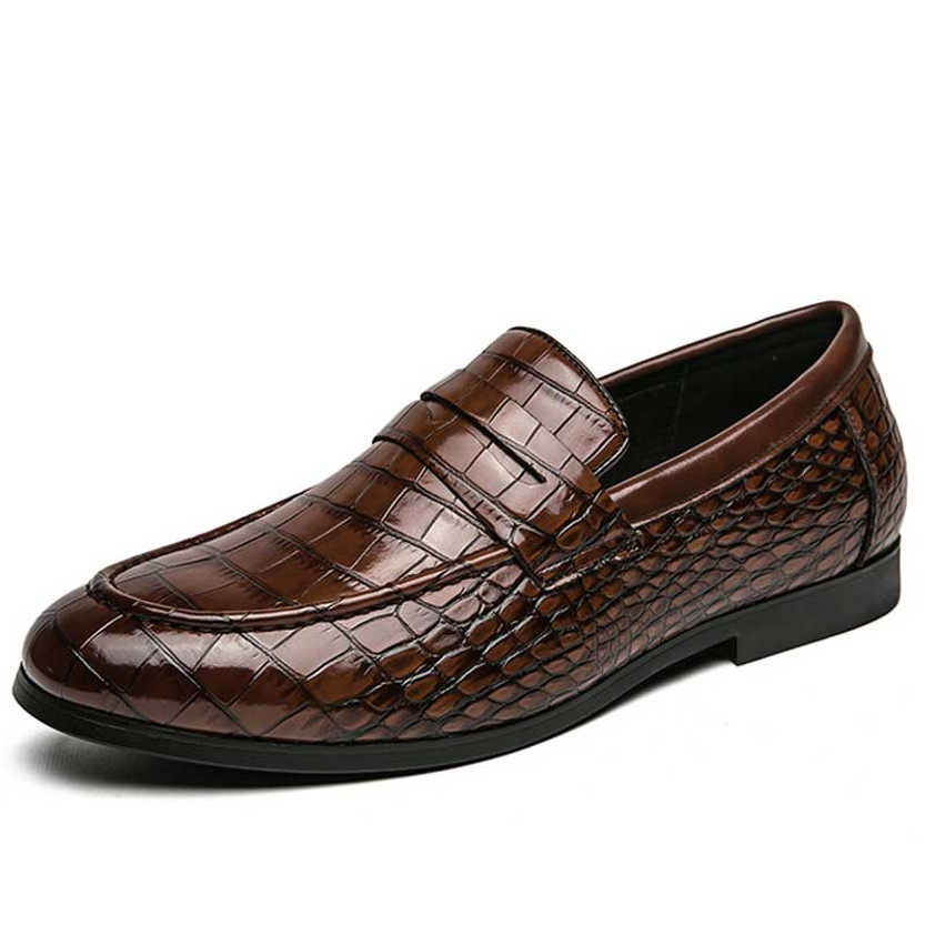 Men's brown retro croc skin pattern penny slip on dress shoe 01