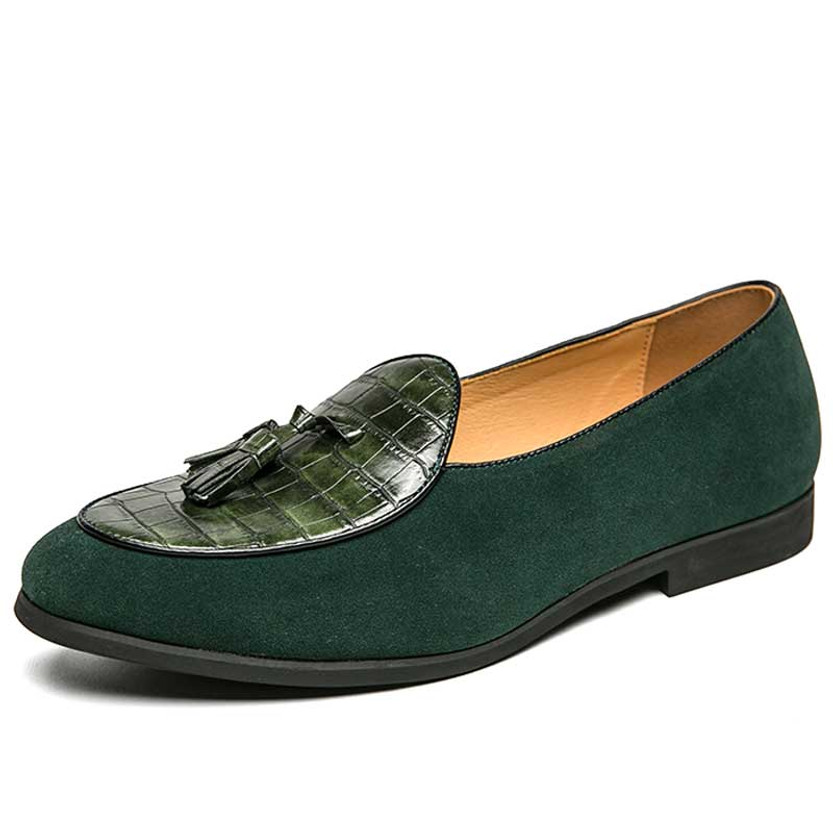 Men's green retro croc skin pattern tassel slip on dress shoe 01