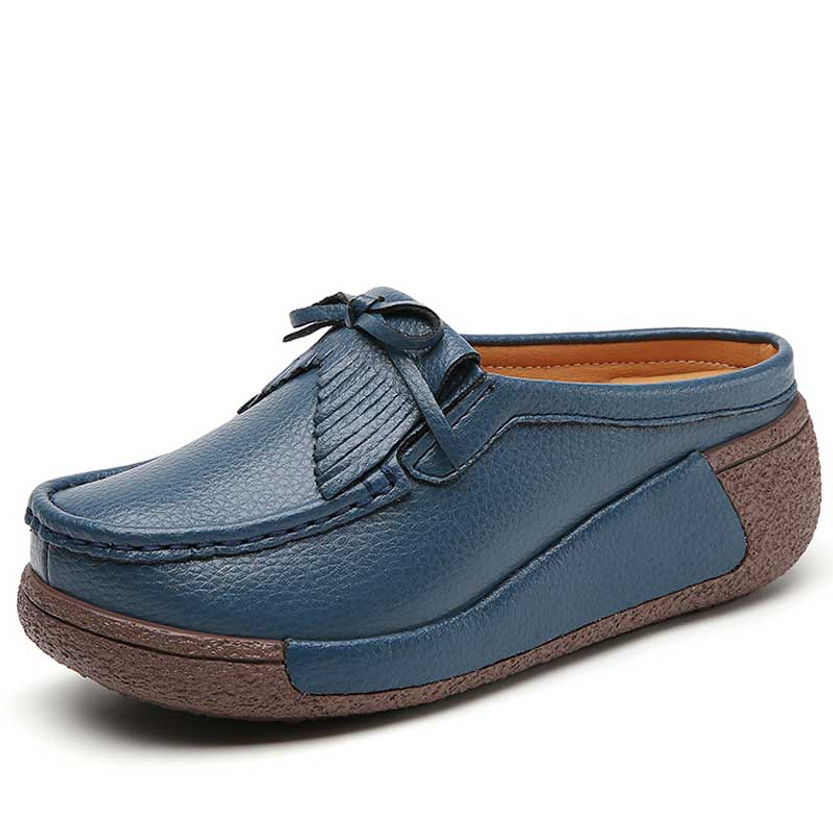 Women's navy lace tie & tassel on top slip on shoe mule 01