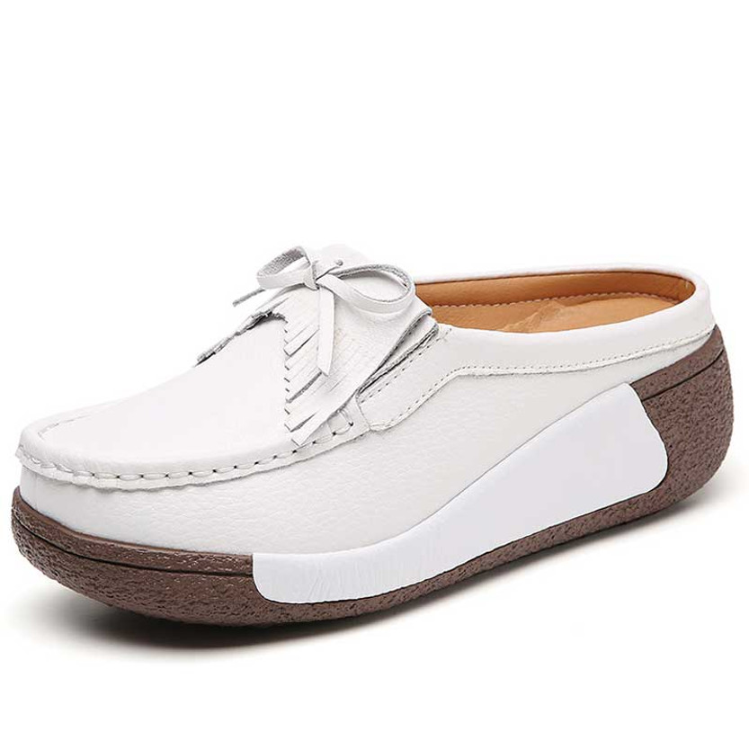 Women's white lace tie & tassel on top slip on shoe mule 01
